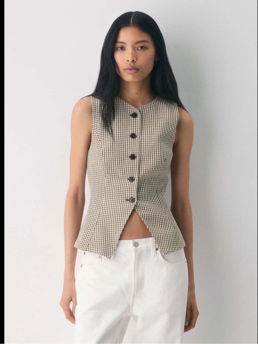Aritzia Beige Gingham Sleeveless Button-Front Vest